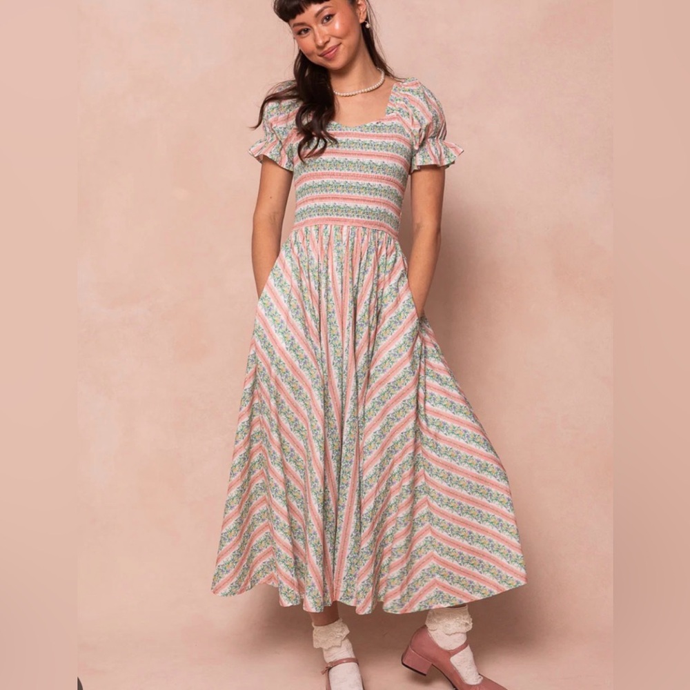 Ivy City Co Pink and Green Striped Midi Dress